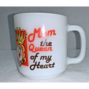 Mom the Queen of My Heart Glasbake USA Milk Glass Mug Mothers Day Gift Orange